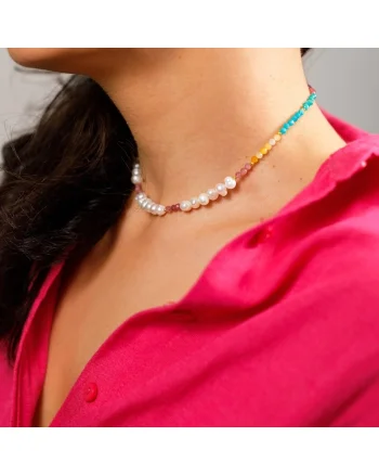Colier Choker perle naturale Taya cu cristale de Turmalina roz, Topaz, Amazonit si Ametist din Argint 925 placat cu aur
