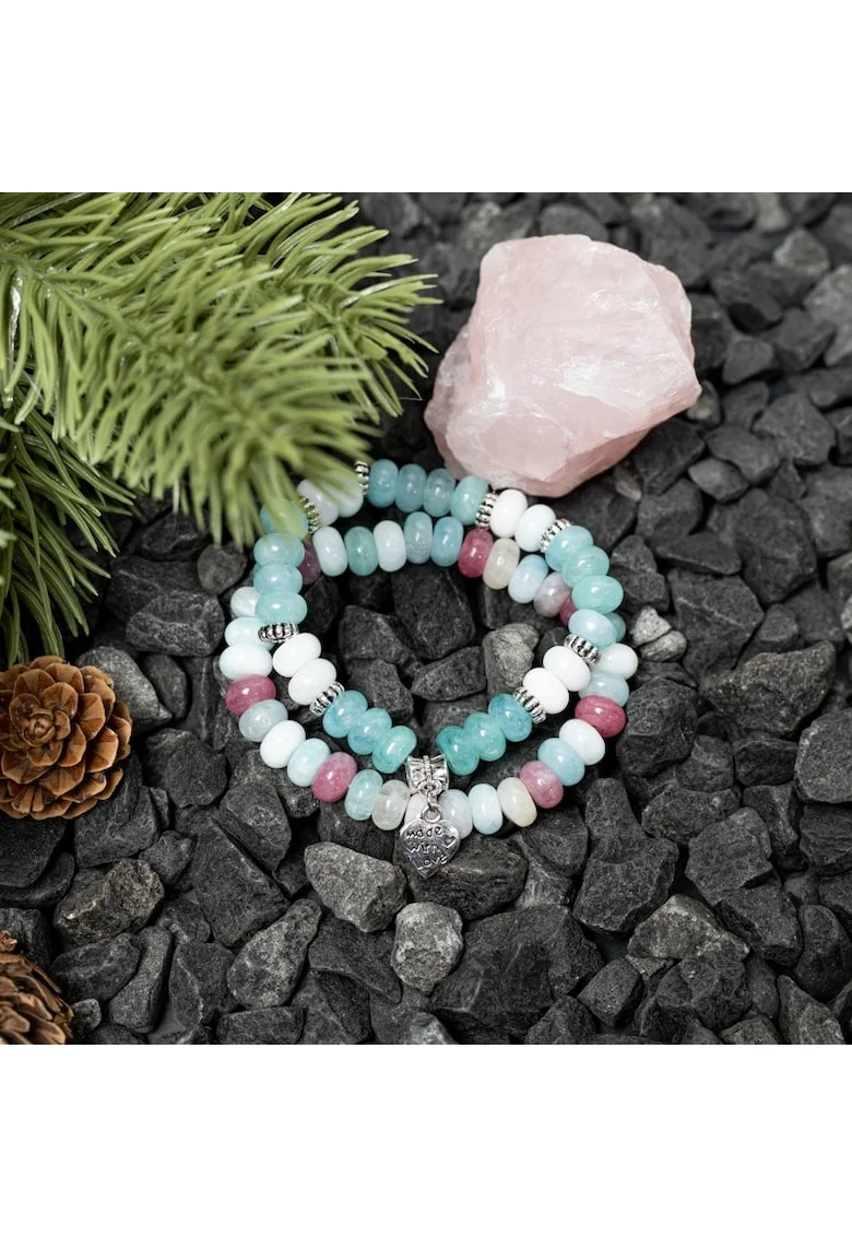 Set bratari Dalia femei din pietre semipretioase Morganit, culoare roz, cu charm inima