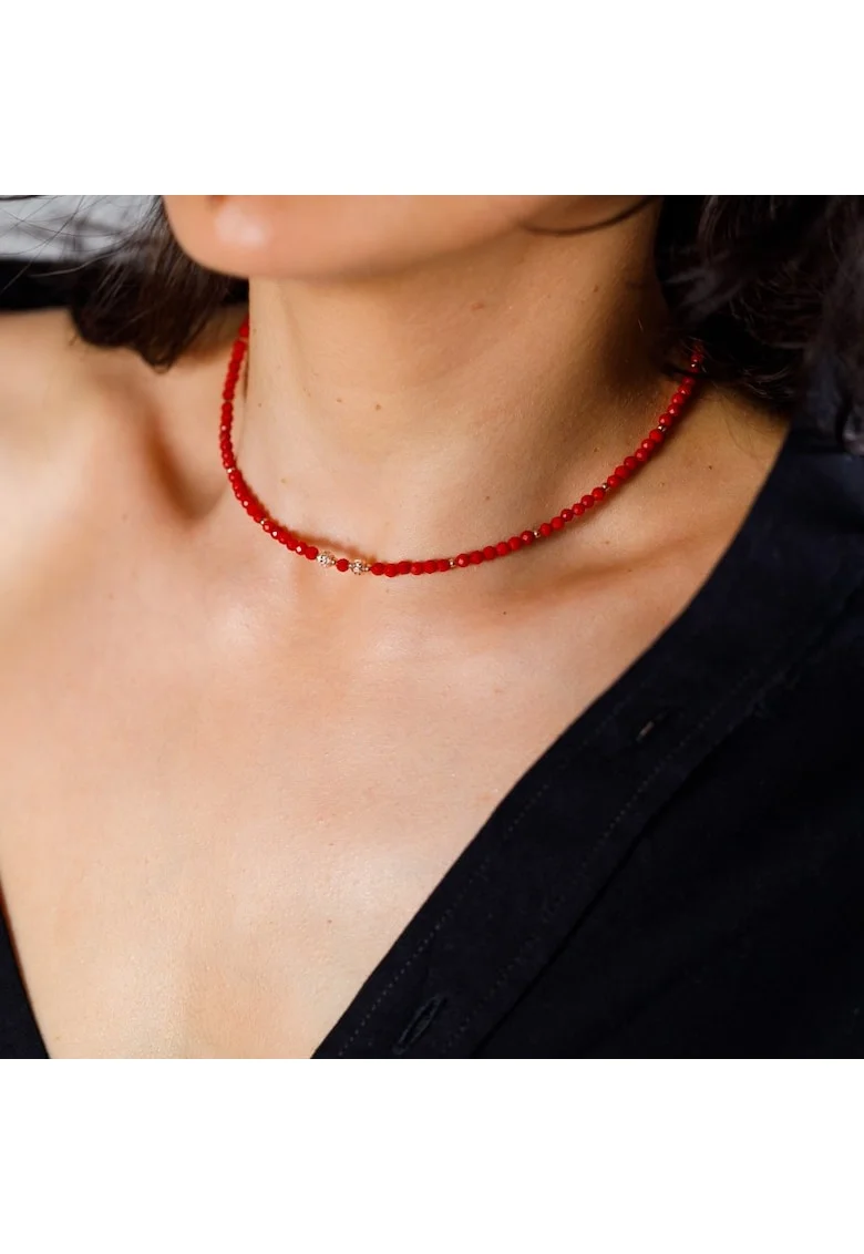 Colier Choker Antara,  Coral Rosu, Argint 925 rose gold, 35x3mm