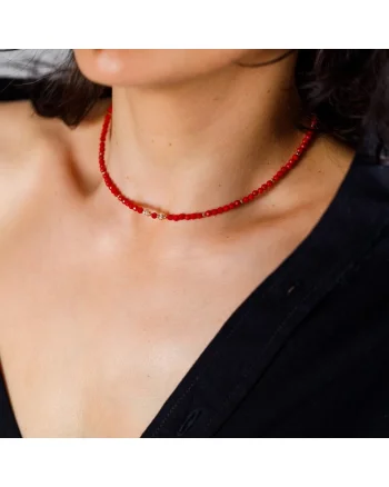 Colier Choker Antara,  Coral Rosu, Argint 925 rose gold, 35x3mm