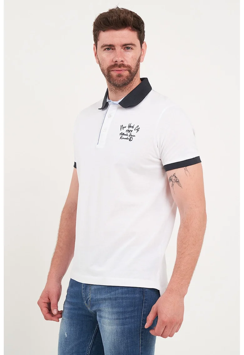 Tricou polo din bumbac cu terminatii contrastante, Alb/Negru