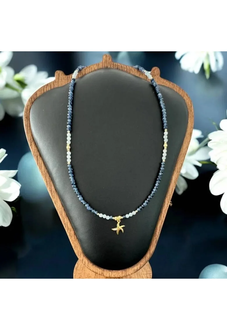 Colier handmade Leilani din Safir si Acvamarin cu argint placat cu aur