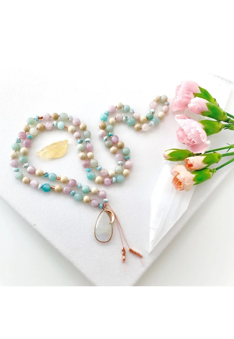 Colier Mala multicolor din margele de Larimar, Kunzit, Amazonit si Piatra Lunii