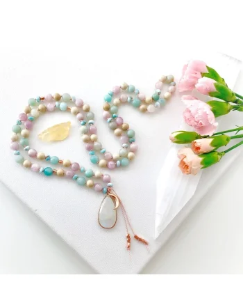 Colier Mala multicolor din margele de Larimar, Kunzit, Amazonit si Piatra Lunii