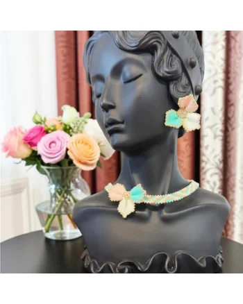 Set Choker cu cercei din margele miyuki, model flori, culori pastel, inchidere din argint