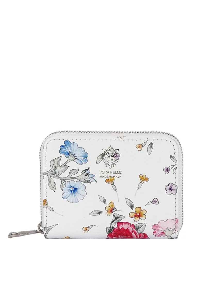 Portofel mic alb cu imprimeu floral din piele naturala 8912 07 19941, Alb