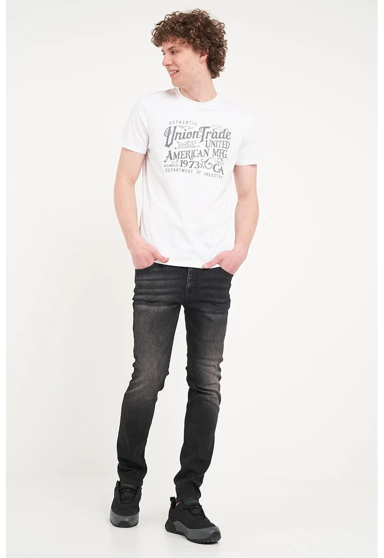 Tricou din bumbac cu imprimeu text si decolteu la baza gatului, Alb/Gri inchis