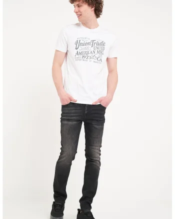 Tricou din bumbac cu imprimeu text si decolteu la baza gatului, Alb/Gri inchis