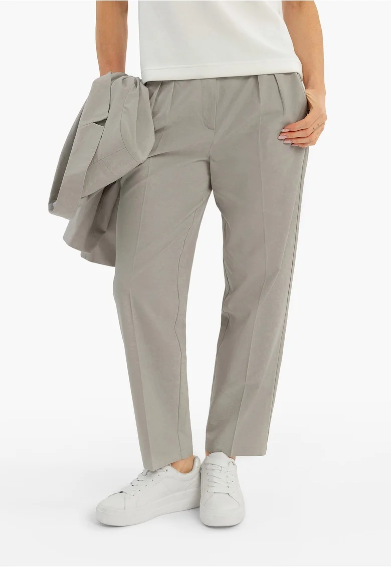 Pantaloni dama cu picior si pliuri, Comfort Fit, buzunare frontale, crop,  R-Tera, gri, Gri