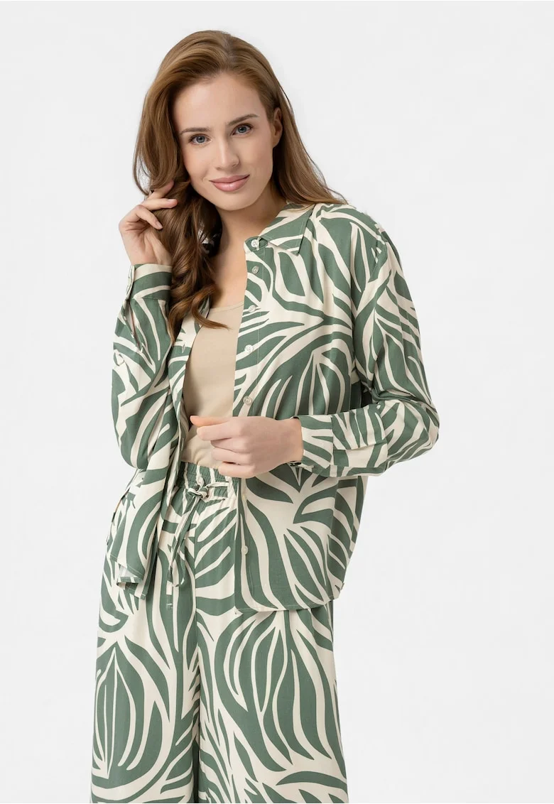 Camasa dama din viscoza cu model floral, lejera, maneci lungi,  K-Lost, verde, Verde