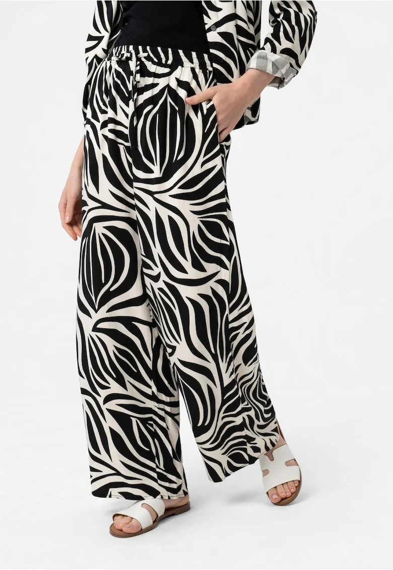 Pantaloni lejeri dama din viscoza cu model floral, talie elastica cu snur, Comfort Fit,  R-Dolana, negru, Negru