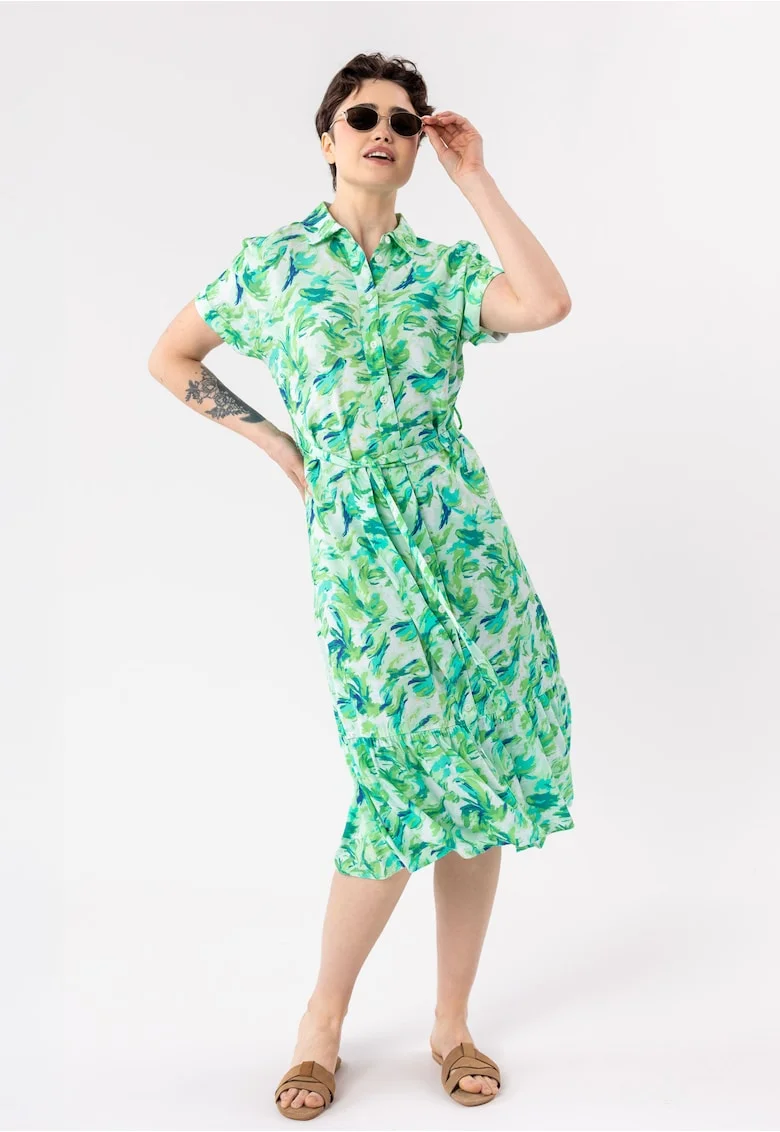 Rochie-camasa lunga de vara din viscoza, cu volane, maneci scurte, curea in talie,  G-Amstel, verde, Verde