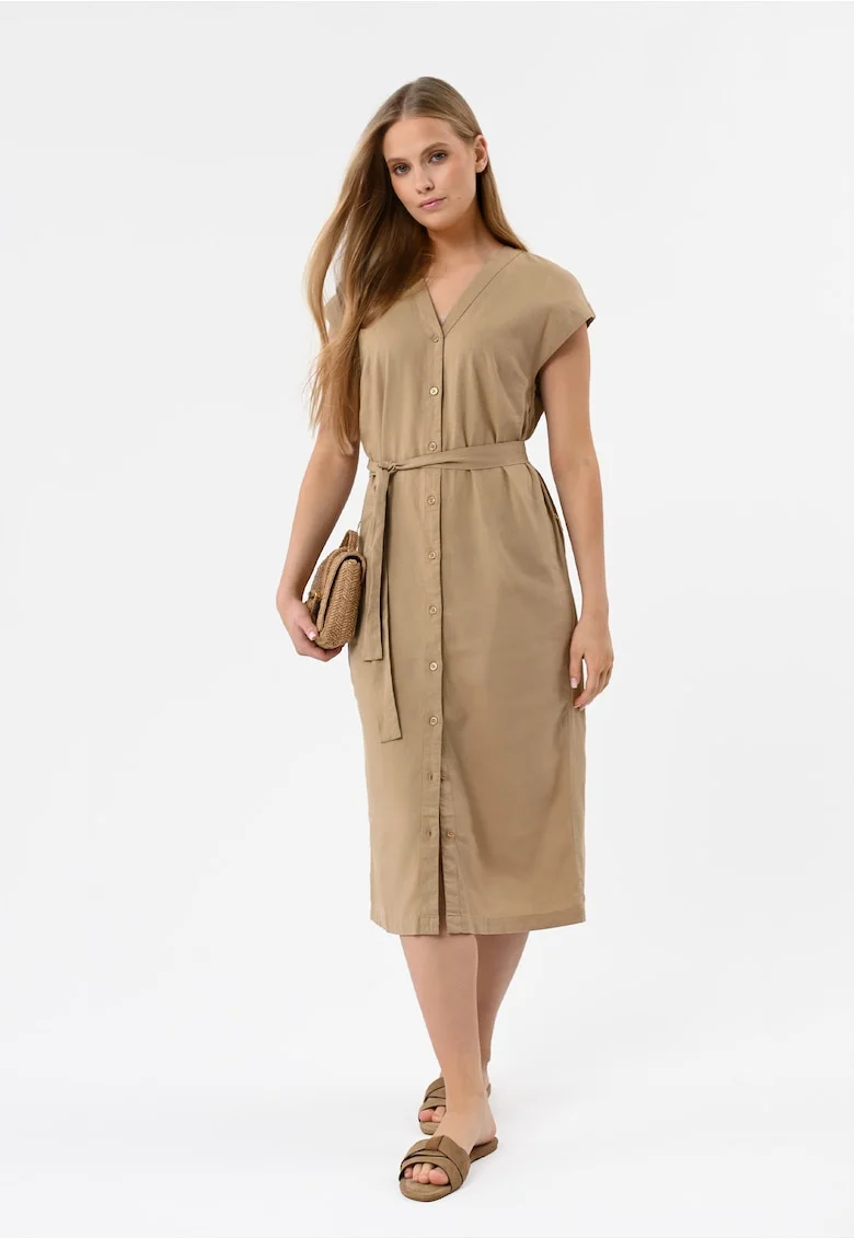 Rochie-camasa lunga din amestec de in si viscoza, cu nasturi, cu guler, maneci scurte, curea in talie,  G-Sunray, camel, Maro camel deschis