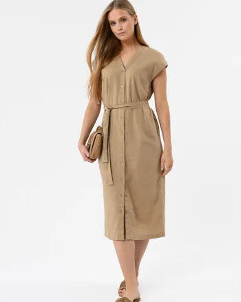 Rochie-camasa lunga din amestec de in si viscoza, cu nasturi, cu guler, maneci scurte, curea in talie,  G-Sunray, camel, Maro camel deschis