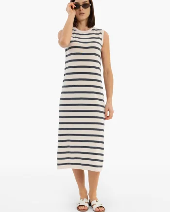 Rochie lunga din bumbac cu dungi, fara maneci,  G-Fiera, Crem / Bej