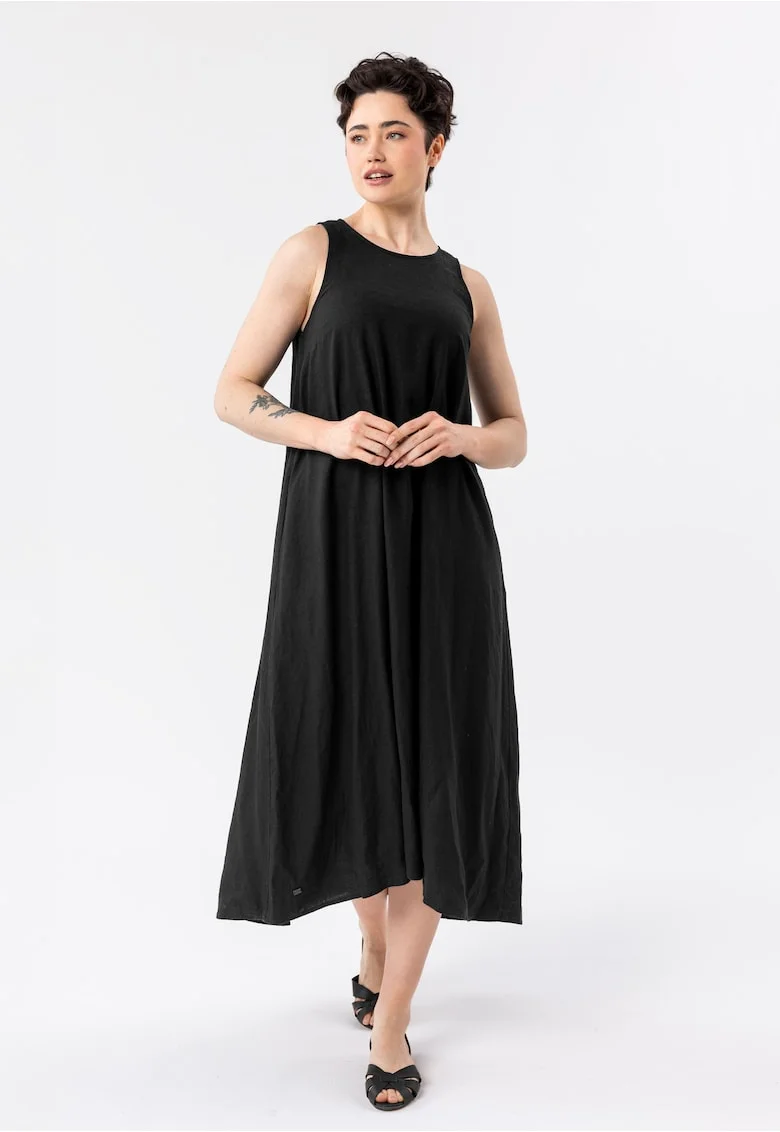 Rochie lunga supradimensionata cu decolteu rotund din amestec de in, buzunare, fara maneci,  G-Makayla, negru, Negru