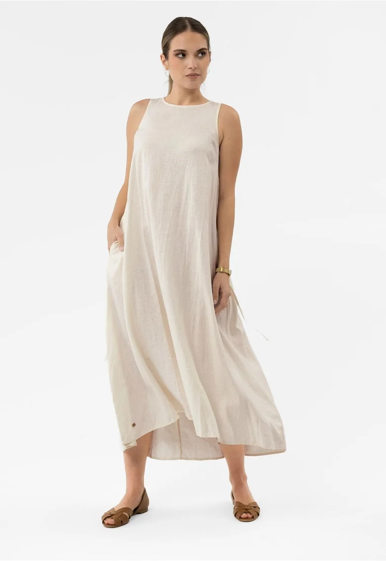 Rochie lunga supradimensionata cu decolteu rotund din amestec de in, buzunare, fara maneci,  G-Makayla, crem, Crem