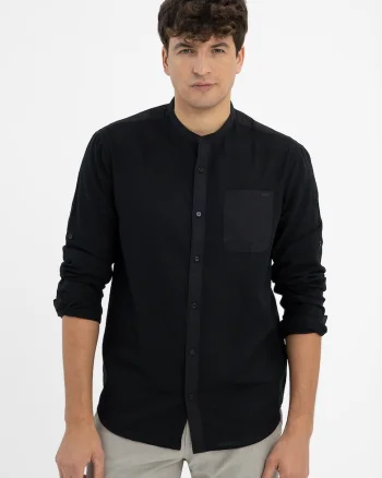 Camasa barbati din bumbac cu guler mao, maneci lungi, Regular Fit, buzunar pe piept,  K-Basto, negru, Negru