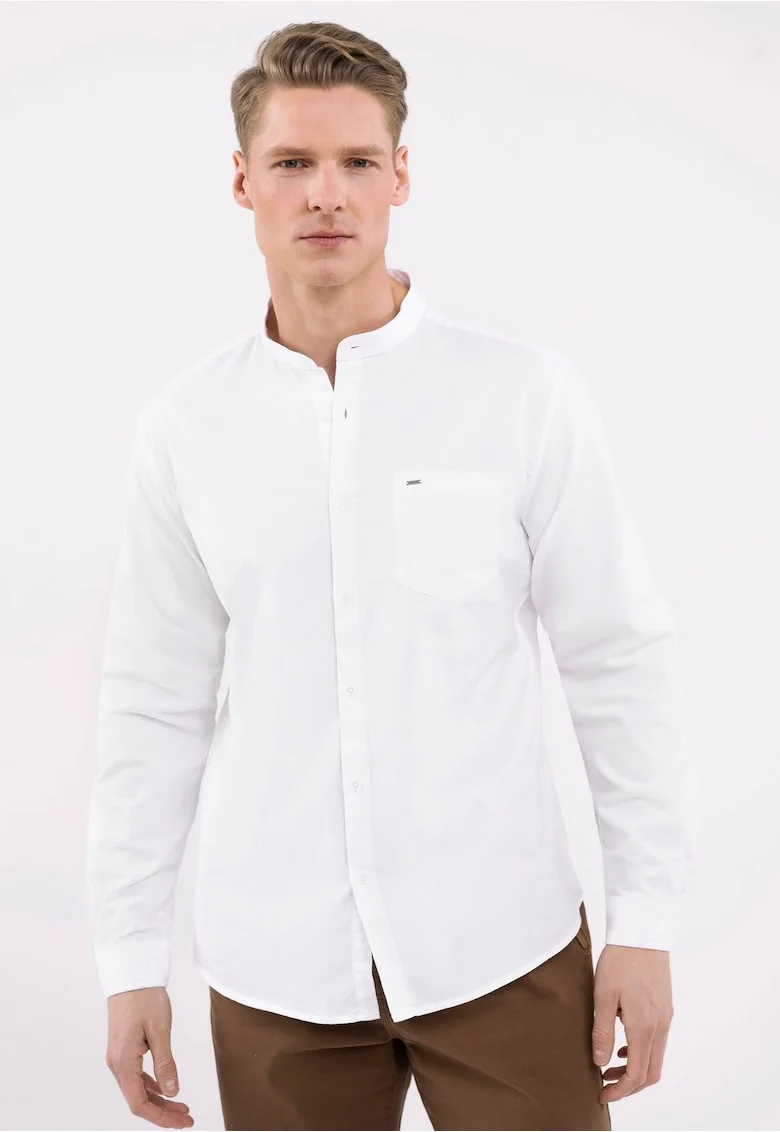 Camasa barbati cu guler mao, Slim Fit, maneci lungi, buzunar pe piept,  K-Lange, alb, Alb
