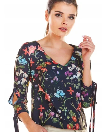 Bluza cu decolteu in V, maneci 3/4 si snur la mansete,, Albastru inchis