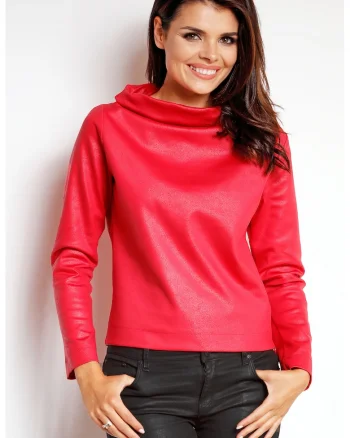 Bluza casual cu guler inalt si maneci lungi din tricot lucios,, Roz