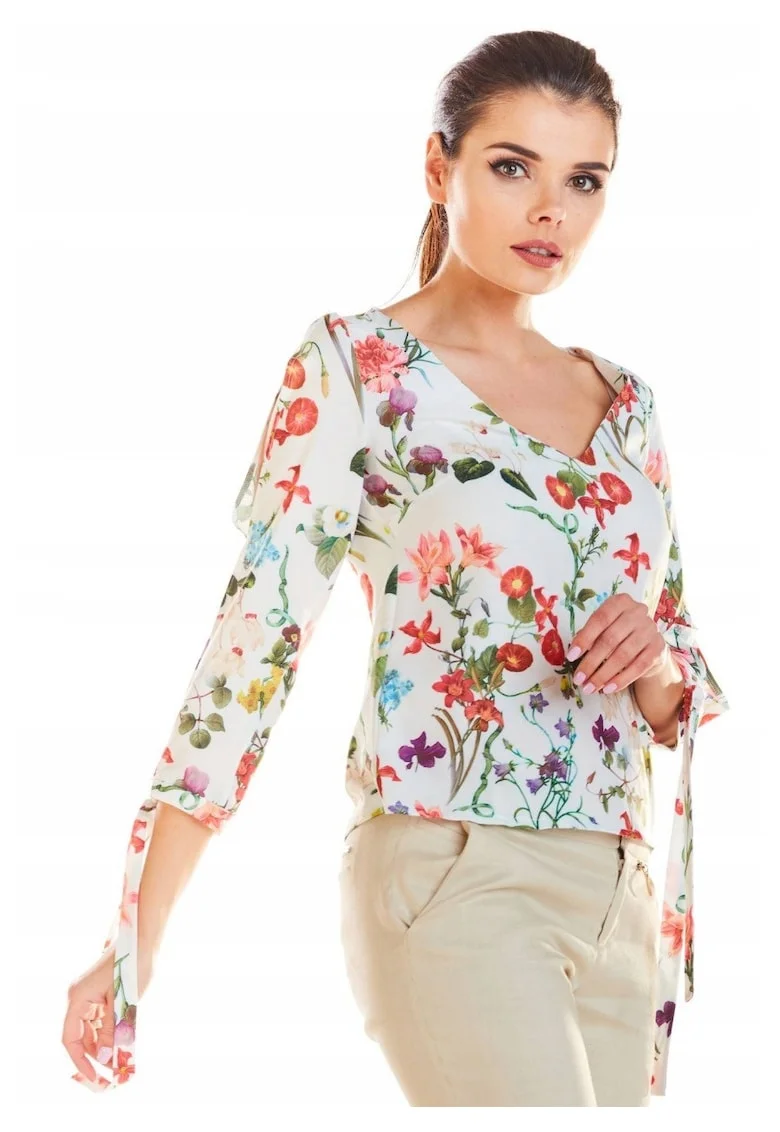 Bluza cu decolteu in V, maneci 3/4 si snur la mansete,, Ecru/Multicolor