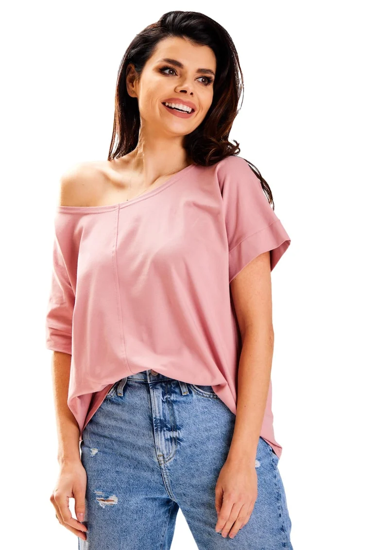Bluza din bumbac basic cu maneca scurta,, Roz
