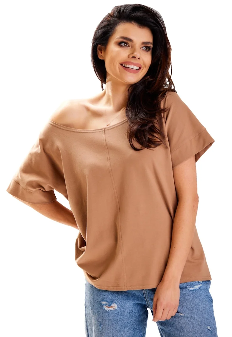 Bluza din bumbac basic cu maneca scurta,, Bej