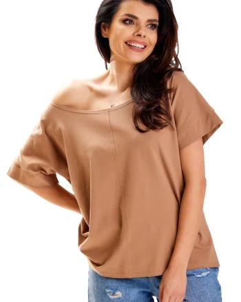 Bluza din bumbac basic cu maneca scurta,, Bej
