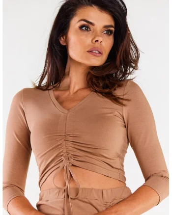 Bluza mulata cu maneci 3/4 si decolteu in V,, Bej
