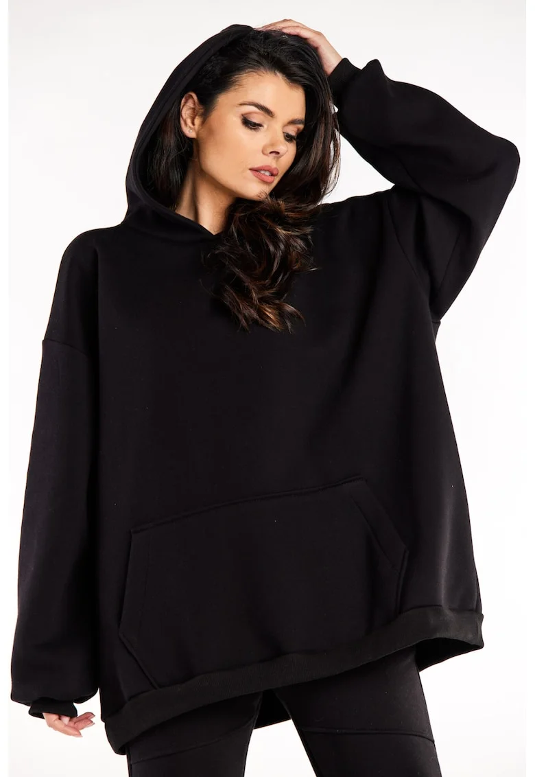 Hanorac oversize cu gluga si buzunar,, Negru