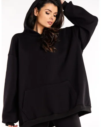 Hanorac oversize cu gluga si buzunar,, Negru