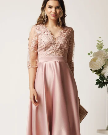 Rochie midi roz din tafta in clos cu dantela la bust - Ella Collection Inna