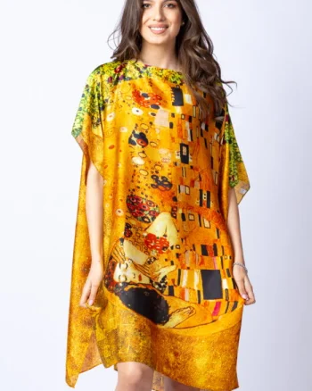 Rochie de plaja tip poncho din matase cu stilizare   Sarutul   pe fond galben