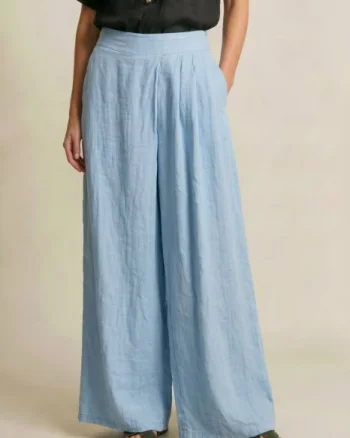 Pantaloni de vara din in cu croiala ampla si pliuri in talie, bleu