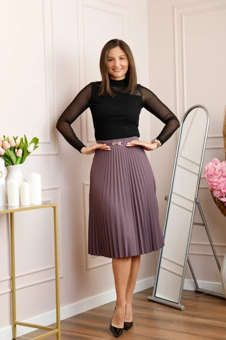 Fusta mov lavanda dama Brandy plisata midi cu talie elastica