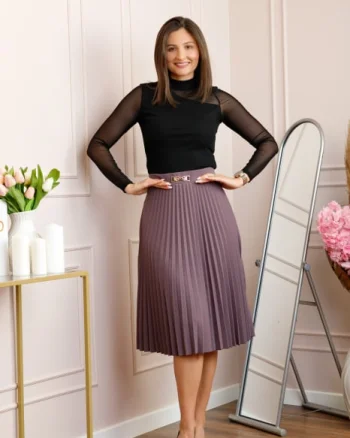 Fusta mov lavanda dama Brandy plisata midi cu talie elastica