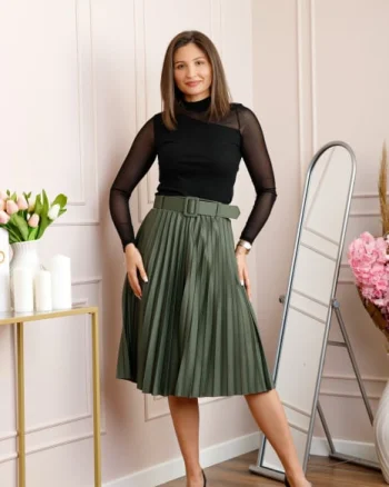 Fusta office plisata Ruby cu centura in talie - Verde olive
