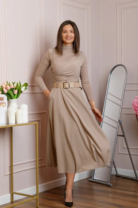 Fusta midi bej eleganta cu talie inalta si curea reglabila Ivy