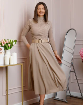 Fusta midi bej eleganta cu talie inalta si curea reglabila Ivy