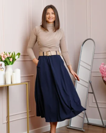 Fusta midi bleumarin eleganta cu talie inalta si curea reglabila Ivy