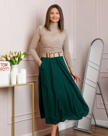 Fusta midi verde eleganta cu talie inalta si curea reglabila Ivy