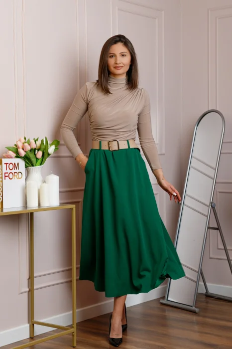 Fusta midi verde smarald eleganta cu talie inalta si curea reglabila Ivy