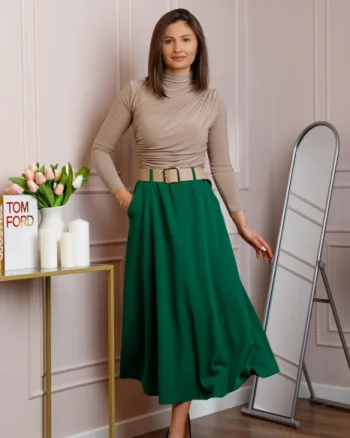 Fusta midi verde smarald eleganta cu talie inalta si curea reglabila Ivy