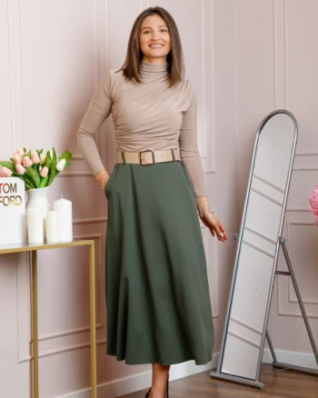 Fusta midi kaki eleganta cu talie inalta si curea reglabila Ivy
