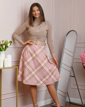 Fusta midi in carouri roz cu talie elastica si curea reglabila Monroe