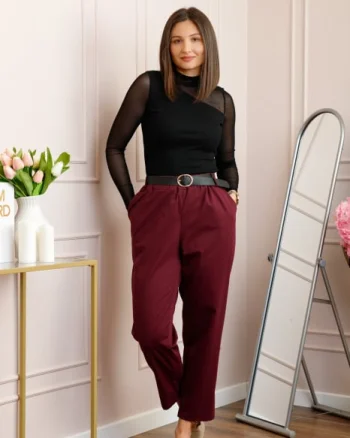 Pantaloni plus size grena cu talie elastica si curea reglabila Lillian
