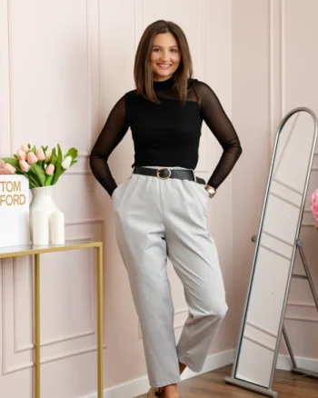 Pantaloni plus size gri cu talie elastica si curea reglabila Lillian