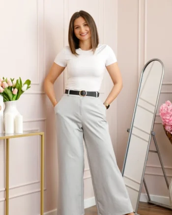 Pantaloni gri evazati cu talie elastica la spate si curea reglabila Molly