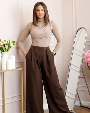 Pantaloni dama Judith maro cu croi larg si talie inalta cu curea